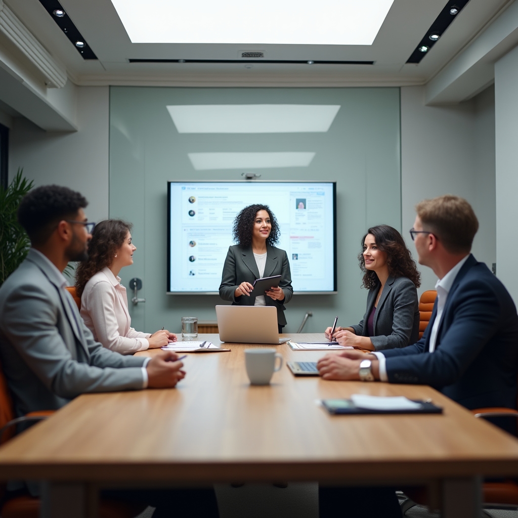 Equipo de un negocio recibiendo formación breve sobre un nuevo sistema de comunicación con clientes
