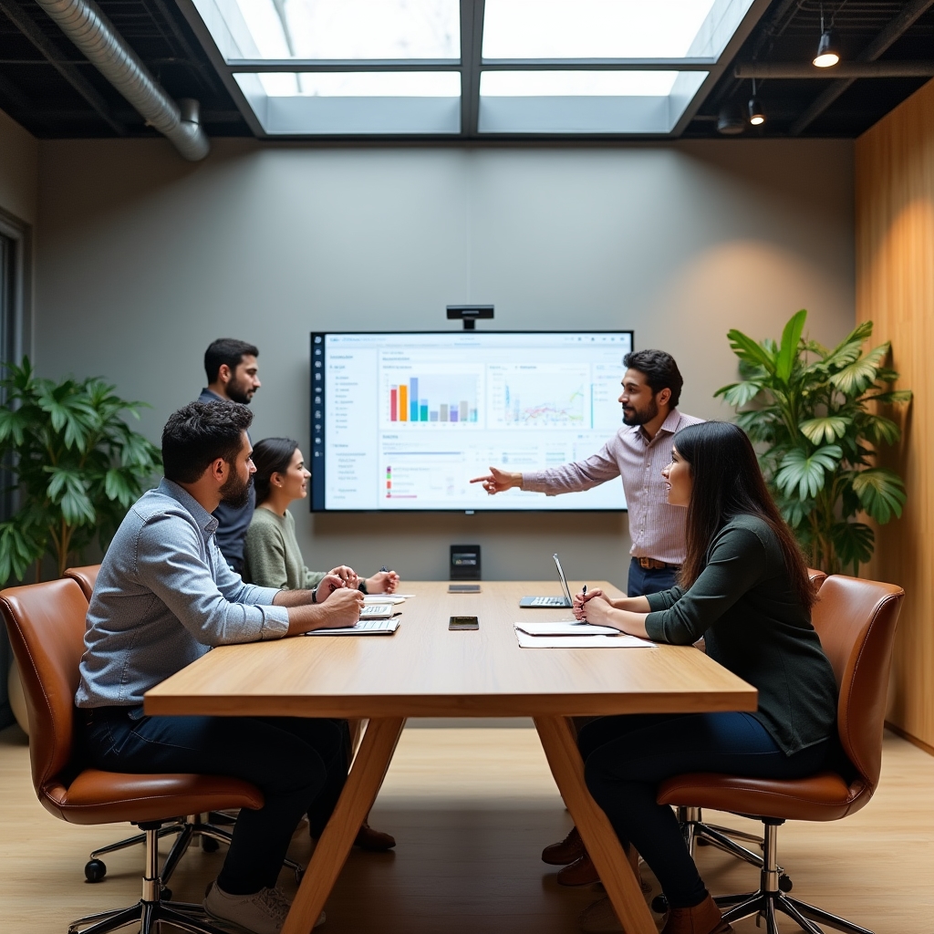 Espacio de trabajo colaborativo donde un equipo revisa un panel digital de gestión